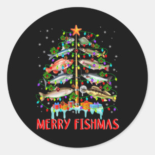 Pegatina Redonda Merry Fishmas Divertido Árbol de Navidad Ilumina F