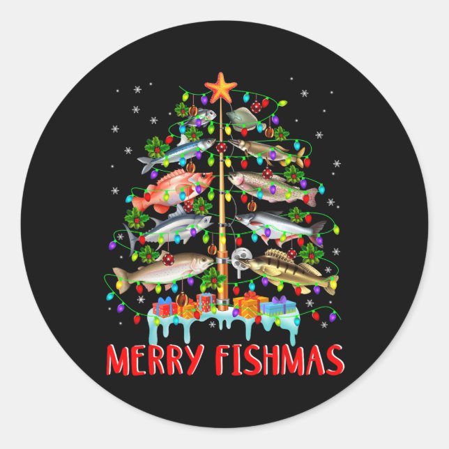 Pegatina Redonda Merry Fishmas Divertido Árbol de Navidad Ilumina F (Anverso)