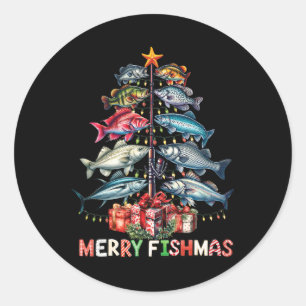 Pegatina Redonda Merry Fishmas Divertido árbol de Navidad ilumina l