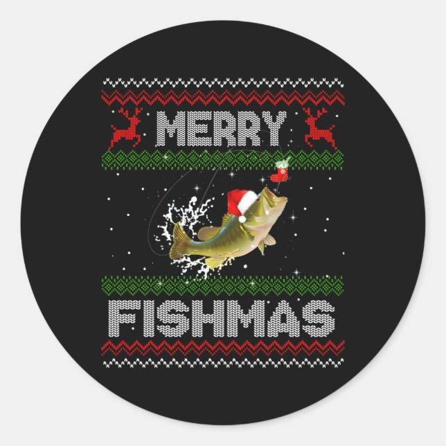 Pegatina Redonda Merry Fishmas Feo Pescado Fish (Anverso)