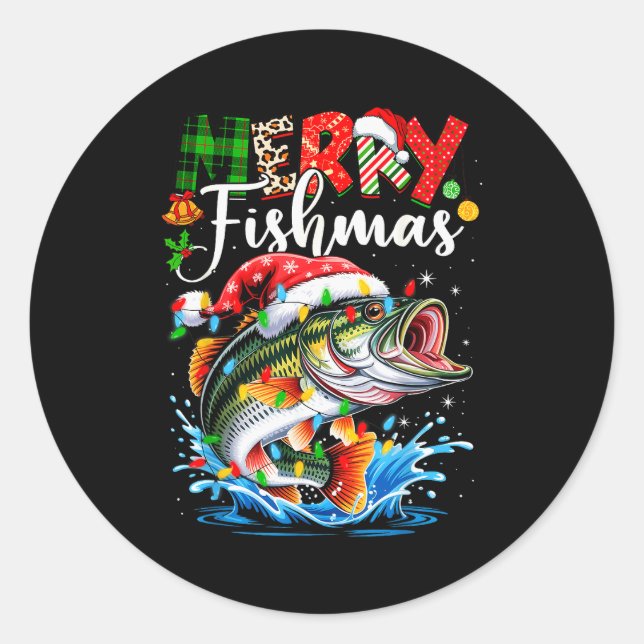 Pegatina Redonda Merry Fishmas Fish Fishing Merry Xmas Christmas Me (Anverso)