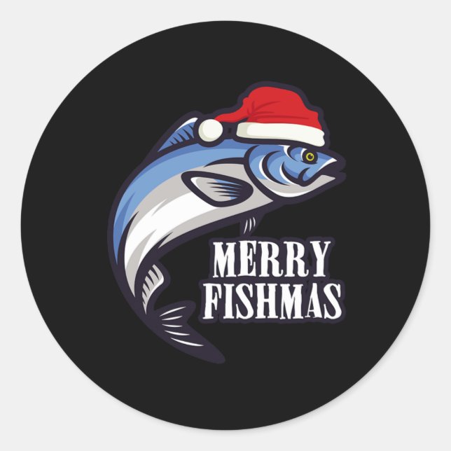 Pegatina Redonda Merry Fishmas Fishing Fishermen Christmas Gift (Anverso)