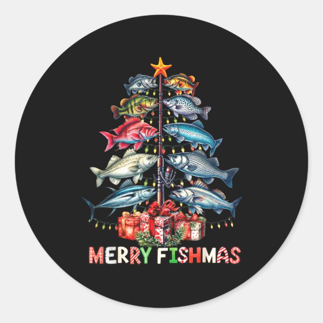 Pegatina Redonda Merry Fishmas Funny Christmas Tree Lights Fishing  (Anverso)