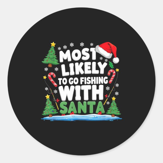 Pegatina Redonda Merry Fishmas Funny Fish Santa Bigfoot Christmas F (Anverso)