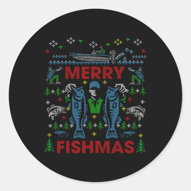 Pegatina Redonda Merry Fishmas Graciosa Pesca Navidades feos Dulce (Anverso)