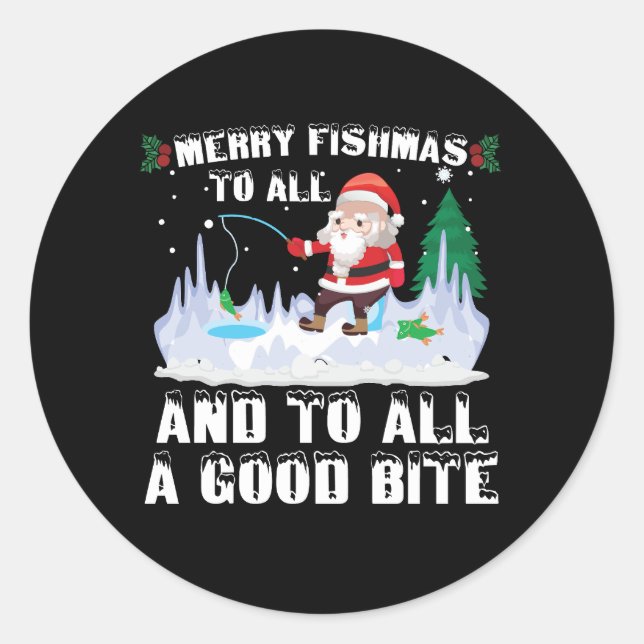Pegatina Redonda Merry Fishmas Graciosa Pesca Pescador Navidad (Anverso)