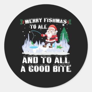 Pegatina Redonda Merry Fishmas Graciosa Pesca Pescador Navidad