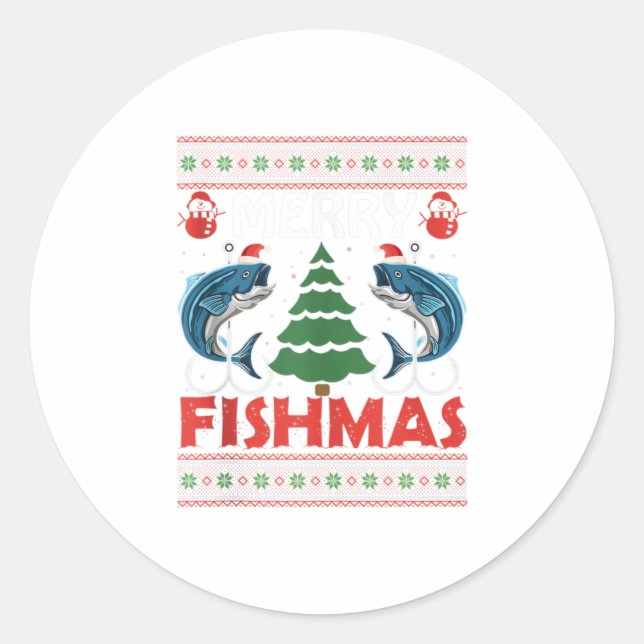 Pegatina Redonda Merry Fishmas Navidades de pesca divertidos (Anverso)
