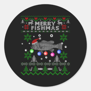 Pegatina Redonda Merry Fishmas Pesca Feo Gran Boca Boca