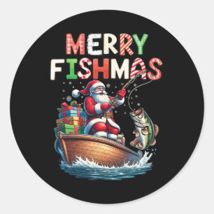 Pegatina Redonda Merry Fishmas Santa Fishing Amantes Graciosos