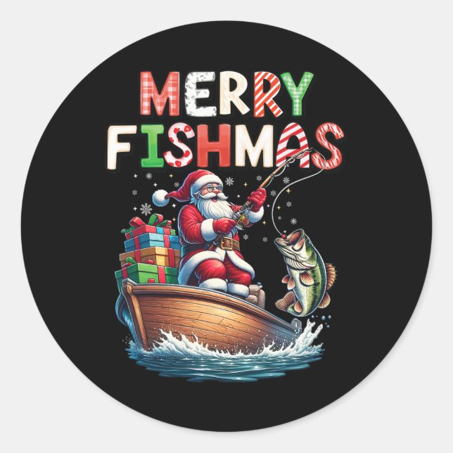 Pegatina Redonda Merry Fishmas Santa Fishing Amantes Graciosos (Anverso)