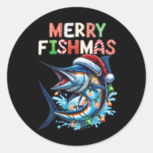 Pegatina Redonda Merry Fishmas Santa Fishing Amantes Graciosos