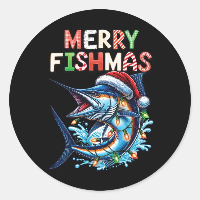 Pegatina Redonda Merry Fishmas Santa Fishing Amantes Graciosos (Anverso)