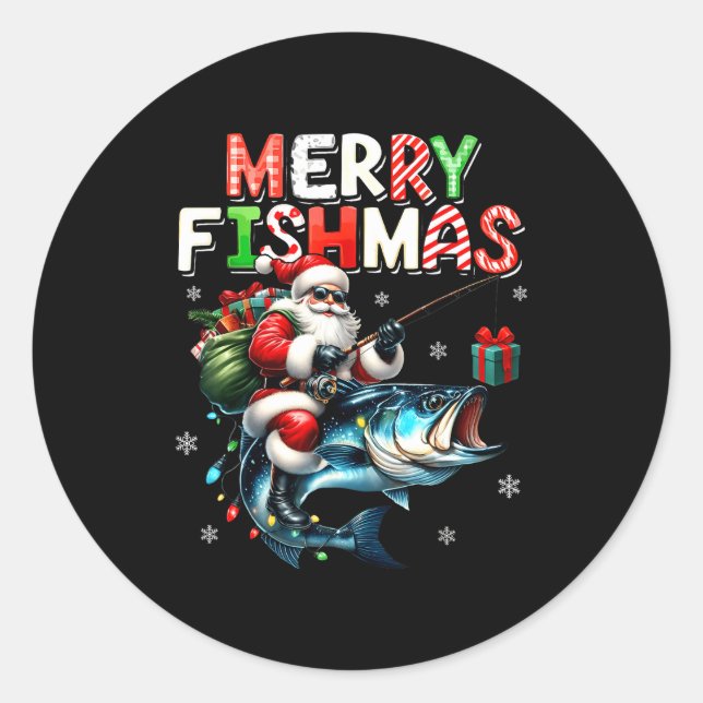 Pegatina Redonda Merry Fishmas Santa Fishing Lovers Funny Fisherman (Anverso)
