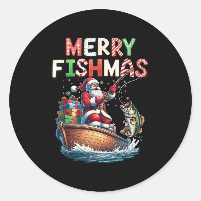 Pegatina Redonda Merry Fishmas Santa Fishing Lovers Funny Fisherman (Anverso)