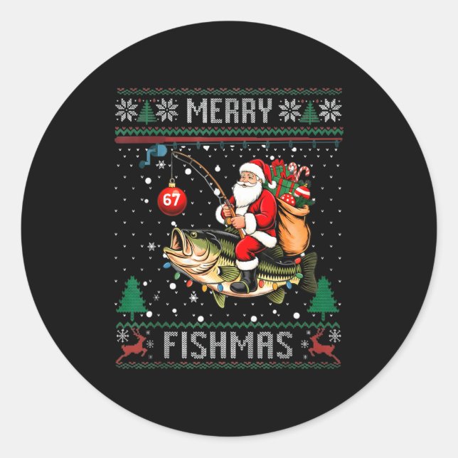 Pegatina Redonda Merry Fishmas Santa Riding B Fish Christmas Ugly S (Anverso)
