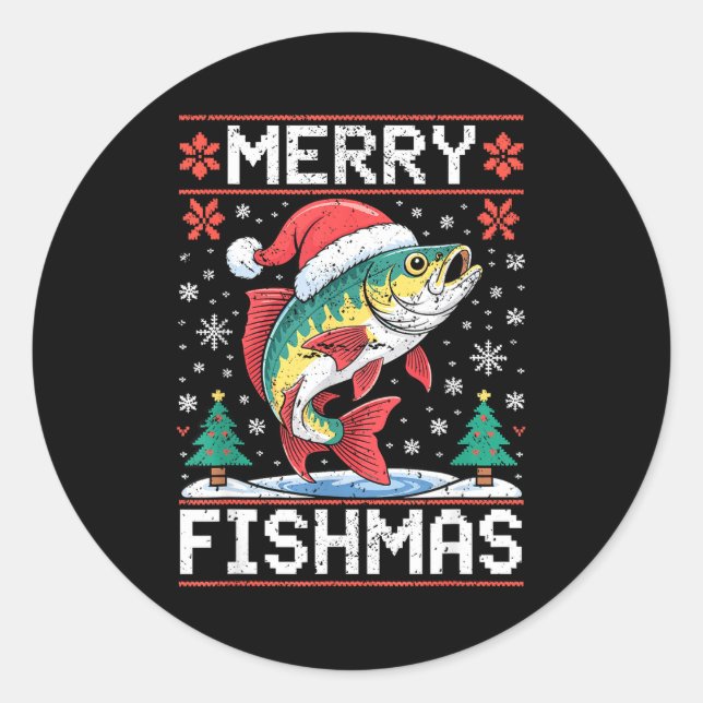 Pegatina Redonda Merry Fishmas Ugly Christmas Sweater Fishing Lover (Anverso)