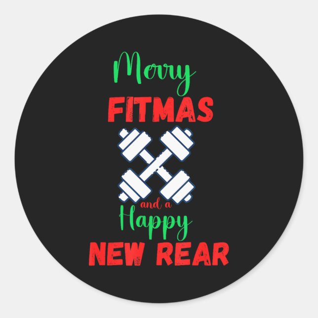 Pegatina Redonda Merry Fitmas And Happy New Rear Fitness Funny Xmas (Anverso)
