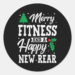 Pegatina Redonda Merry Fitness Feliz Nuevo Navidad de entrenamiento