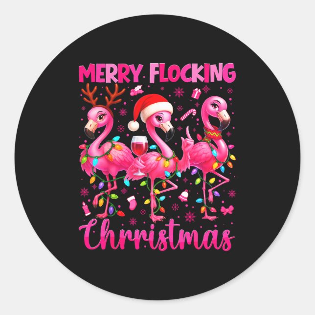 Pegatina Redonda Merry Flocking Christmas Flamingo Drink Pjs Xmas M (Anverso)