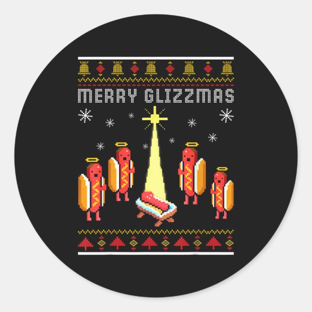 Pegatina Redonda Merry Glizzmas Hot Dog Funny Ugly Christmas Sweate (Anverso)