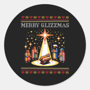 Pegatina Redonda Merry Glizzmas Tacky Gracioso Feliz Navidad Perro 