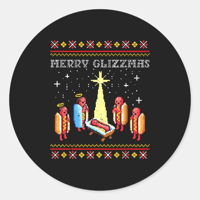 Pegatina Redonda Merry Glizzmas Ugly Christmas Sweater Funny Hot Do (Anverso)