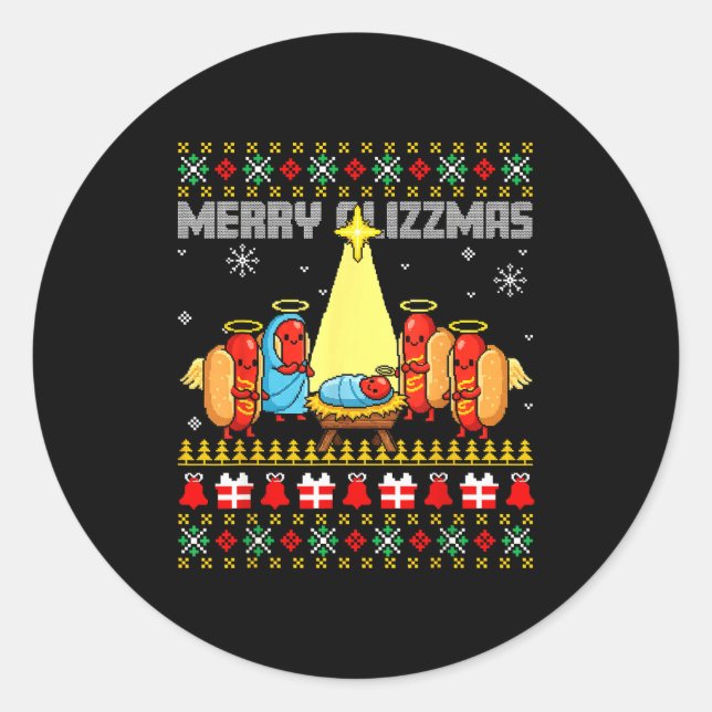 Pegatina Redonda Merry Glizzmas Ugly Christmas Sweaters Hot Dogs Xm (Anverso)