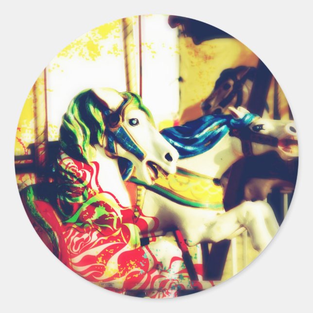 Pegatina Redonda Merry-Go-Round Horses Verano Flashback Digital Art (Anverso)