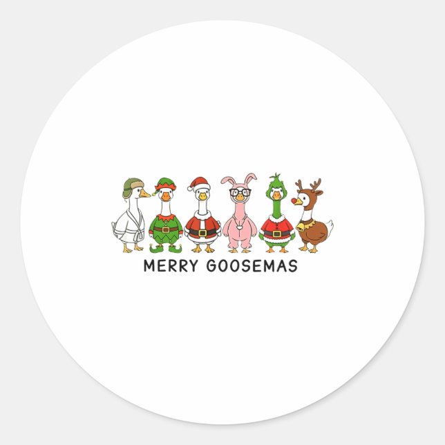 Pegatina Redonda Merry Goosemas Funny Christmas Geese In Costumes  (Anverso)