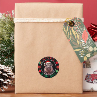 Pegatina Redonda Merry Hippmas: Moo Deng Christmas Design