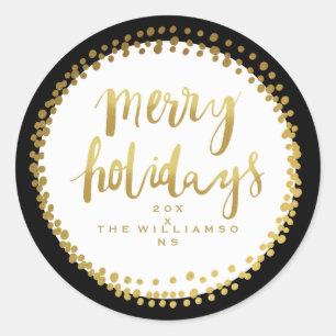 Pegatina Redonda Merry Holidays trendy Gold Script Personalizado Bl
