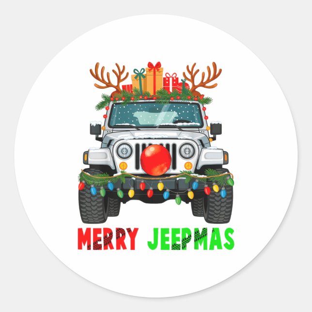 Pegatina Redonda Merry Jeepmas Ugly Light Reindeer Christmas  (Anverso)