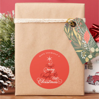 Pegatina Redonda Merry Jolly and Bright Little Christmas Tree Cute
