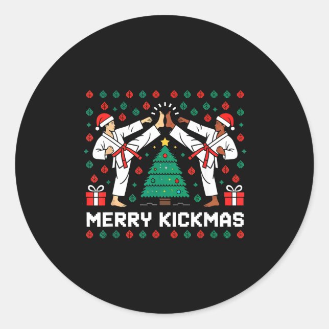 Pegatina Redonda Merry Kickmas Funny Karate Jiu Jitsu Ugly Christma (Anverso)