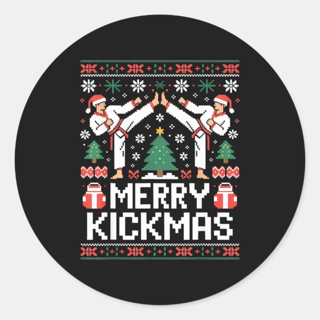 Pegatina Redonda Merry Kickmas Karate Jiu Jitsu Ugly Christmas Desi (Anverso)