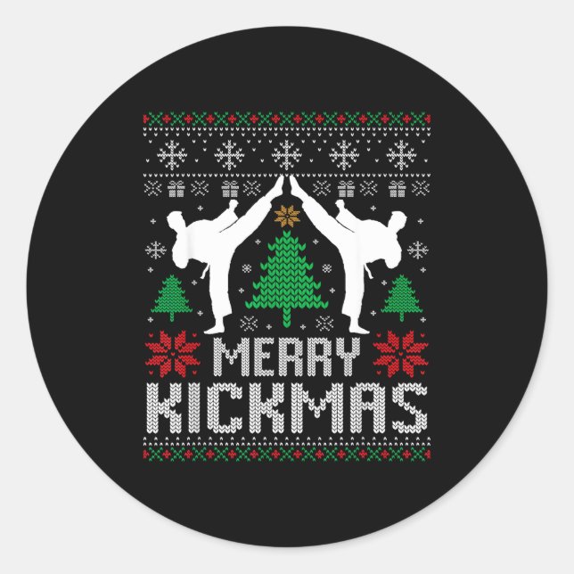 Pegatina Redonda Merry Kickmas Karate Jiu Jitsu Ugly Christmas Xmas (Anverso)