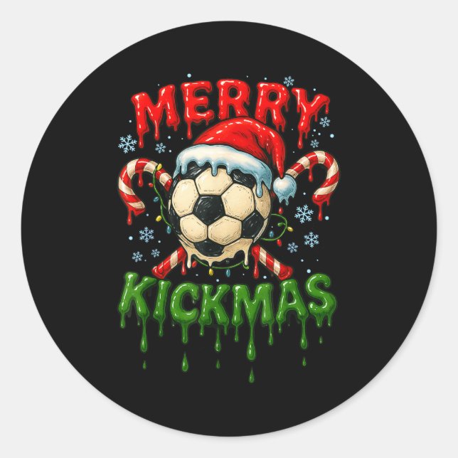 Pegatina Redonda Merry Kickmas Soccer Christmas Candy Cane Ice Crea (Anverso)