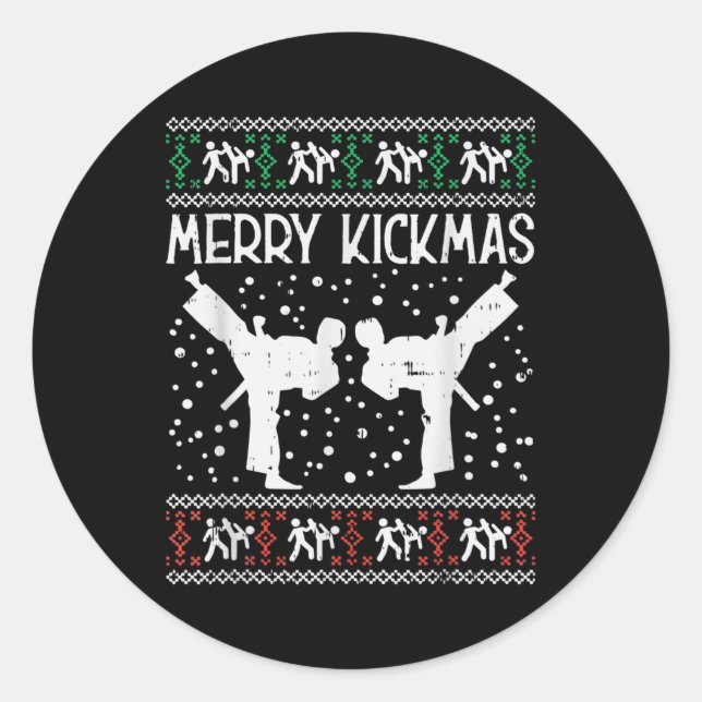 Pegatina Redonda Merry Kickmas Ugly Christmas Karate Jiu Jitsu (Anverso)