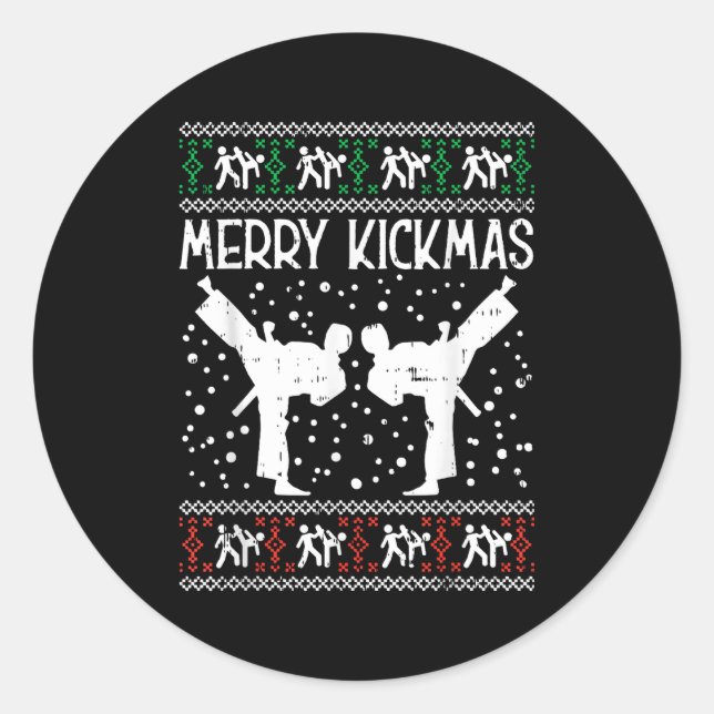 Pegatina Redonda Merry Kickmas Ugly Christmas Karate Jiu Jitsu Mart (Anverso)