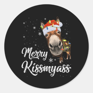 Pegatina Redonda Merry Kissmy Donkey Sarcástico Navidad Gracioso Pa