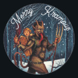 Pegatina Redonda Merry Krampus<br><div class="desc">¡Feliz Krampus! Este diseño presenta una imagen de Krampus recorriendo los bosques en una noche invernal. Todo el texto y las fuentes se pueden personalizar,  y las imágenes se pueden ajustar según el tamaño y la ubicación o se pueden reemplazar con algo que usted elija.</div>