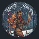 Pegatina Redonda Merry Krampus<br><div class="desc">¡Feliz Krampus! Este diseño presenta una imagen de Krampus recorriendo los bosques en una noche invernal. Todo el texto y las fuentes se pueden personalizar,  y las imágenes se pueden ajustar según el tamaño y la ubicación o se pueden reemplazar con algo que usted elija.</div>