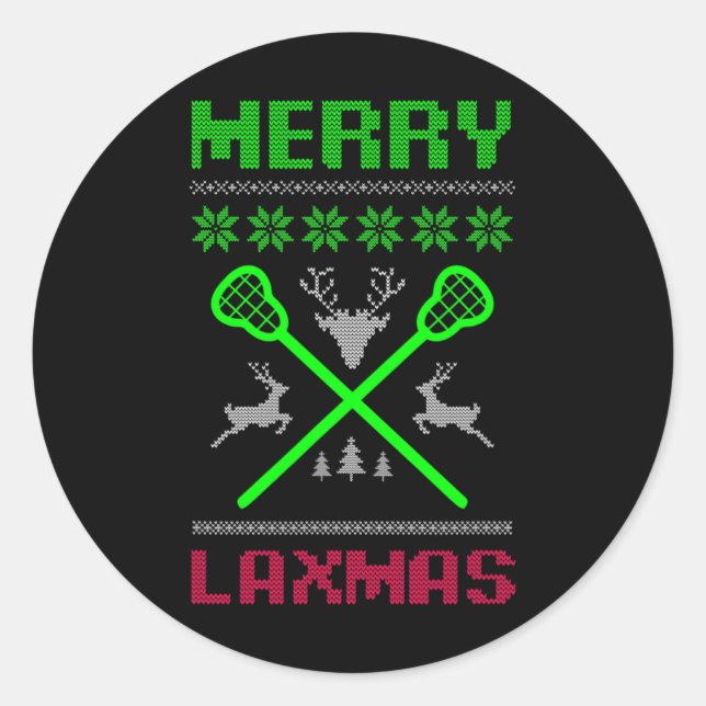 Pegatina Redonda Merry Laxmas Ugly Design Lacrosse Navidades (Anverso)
