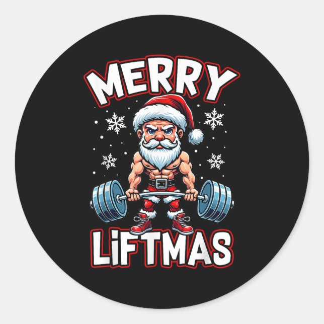 Pegatina Redonda Merry Liftmas Funny Santa Claus Workout Gym Fitnes (Anverso)