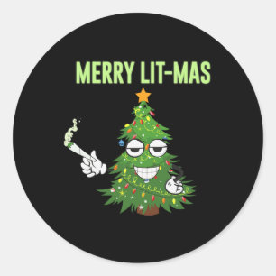 Pegatina Redonda Merry Lit-mas Árboles de Navidad iluminan parejas