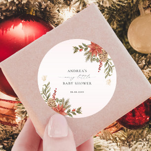 Pegatina Redonda Merry Little Baby Shower Pink Red & Gold Navidades