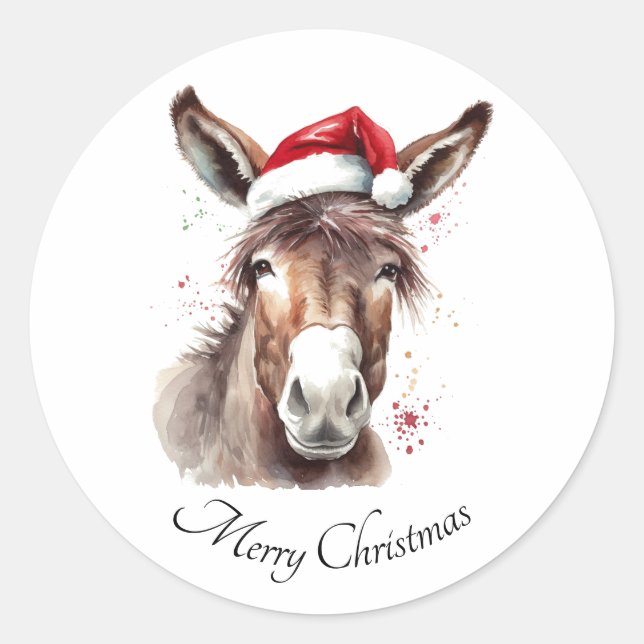 Pegatina Redonda Merry Little Navidades Donkey, personalizado (Anverso)