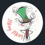 Pegatina Redonda Merry Merry Christmas Elf<br><div class="desc">Este clásico pegatina redondo cuenta con un ilustracion caprichoso de un elfo Navidad alegre que luce un elegante sombrero. Con una sonrisa brillante y amigable y ojos brillantes, el elfo irradia alegría navideña. Los colores vivos y los detalles encantadores hacen de este pegatina un lugar perfecto para añadir un toque...</div>