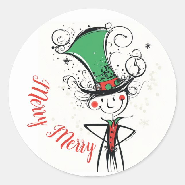 Pegatina Redonda Merry Merry Christmas Elf (Anverso)